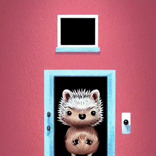 Image similar to cute adorable hedgehog opening the door, shy hedgehog, blushing, waving, smiling, cute, hedgehog, by cyril rolando