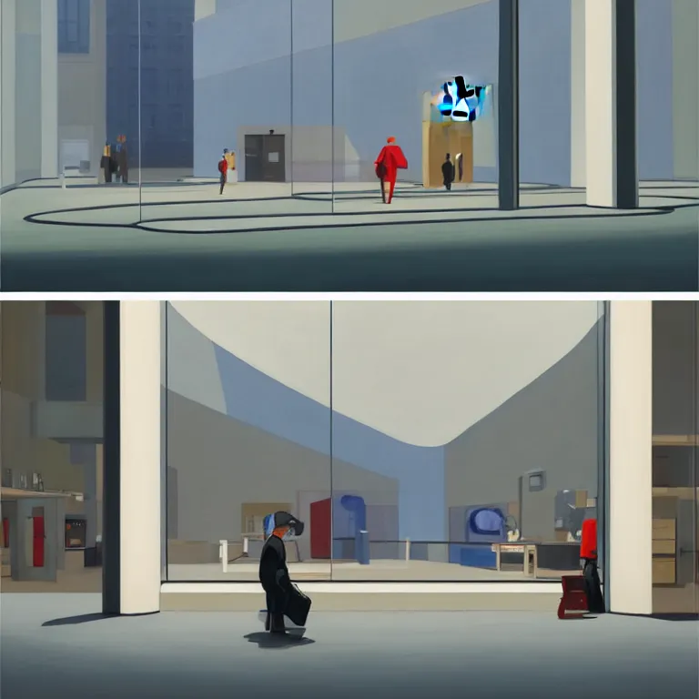 Prompt: inside empty apple store in London, painted by Edward Hopper, painted by James Gilleard, airbrush