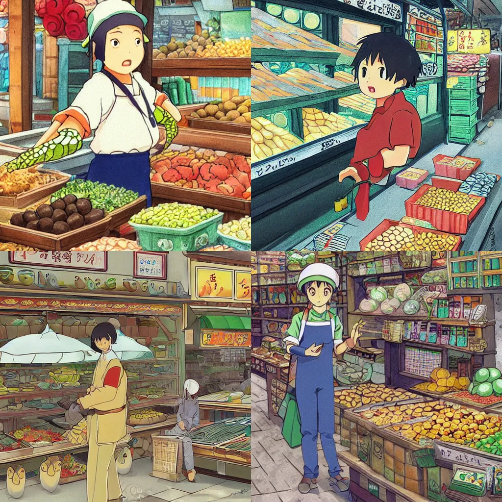 Prompt: an adorable turtle shopkeeper working in a busy market, anime illustration by studio ghibli