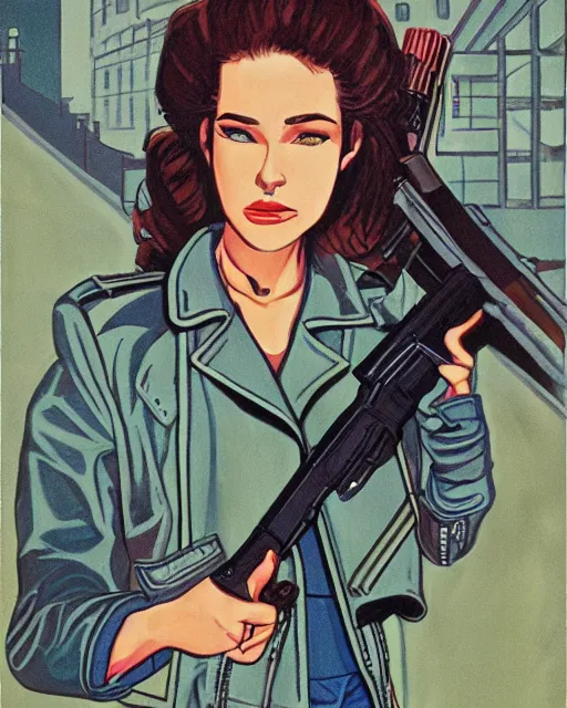 Image similar to young female protagonist in leather jacket with gun, city street, artwork by ralph bakshi