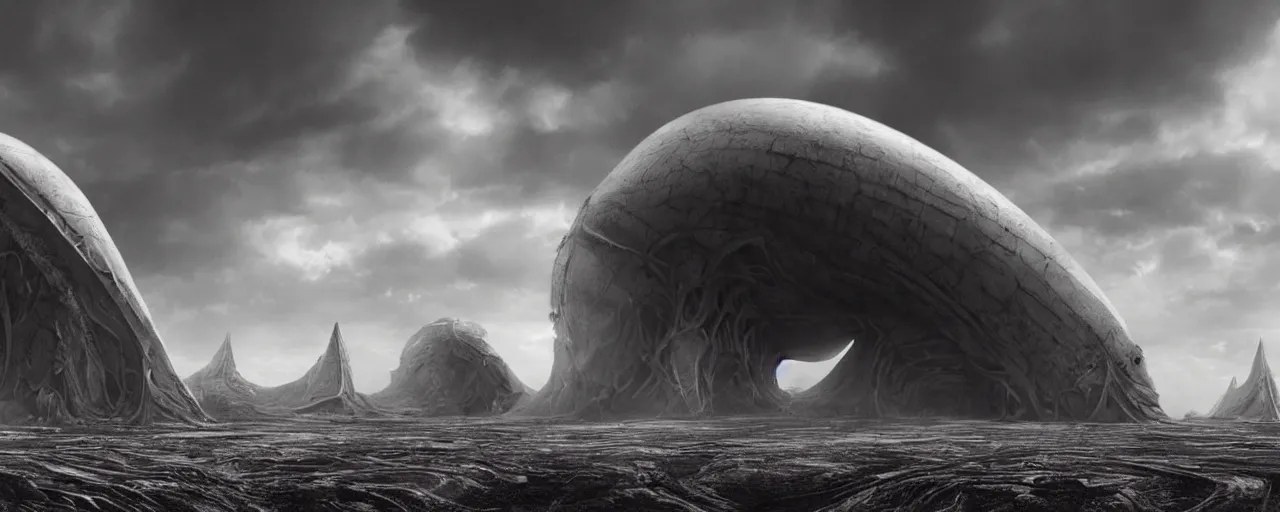 Image similar to a large ominous and geometric like large alien structure built on a barren dry land with an epic cloud formation on the background by HR GIger, Dariusz Zawadzki, Neil blevins, Feng Zhu, gustave doré, zhuoxin ye, very detailed, octane render, 8k, oranate and brooding, scary and dark, canon 24mm lens