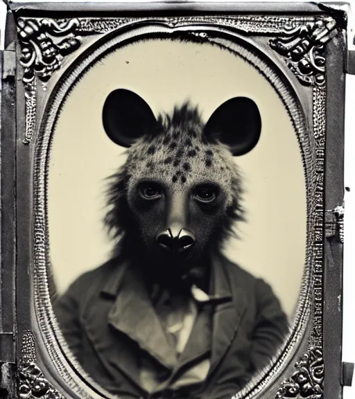 Image similar to professional studio photo portrait of anthro anthropomorphic spotted hyena head animal person fursona wearing elaborate pompous silver skull robes clothes by Louis Daguerre daguerreotype tintype