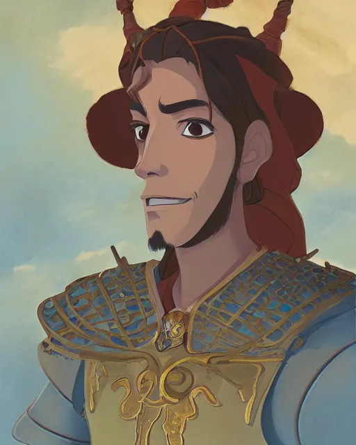 Image similar to portrait of a spanish conquistador wearing ornate armor, by daniel zrom and disney concept artists and studio ghibli, treasure planet movie color scheme, symmetric, handsome, golden ratio, jungle