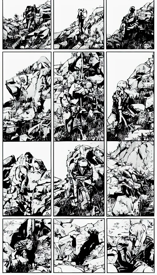 Image similar to multi - panel page from a highly detailed horror comic. a handsome rugged bearded man treks through a jungle wearing a backpack. exhausted, he stands on the edge of a cliff looking at distant mountains. ink.