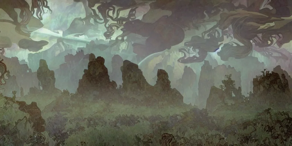 Image similar to photorealistic epic landscape with swirls of mist by alphonse mucha. ominous clouds, intense light beams, strange levitating stones, stones falling from the sky, delicate swirls of mist by alphonse mucha. occult photorealism, uhd, amazing depth, glowing, volumetric lighting, cinematic lighting.