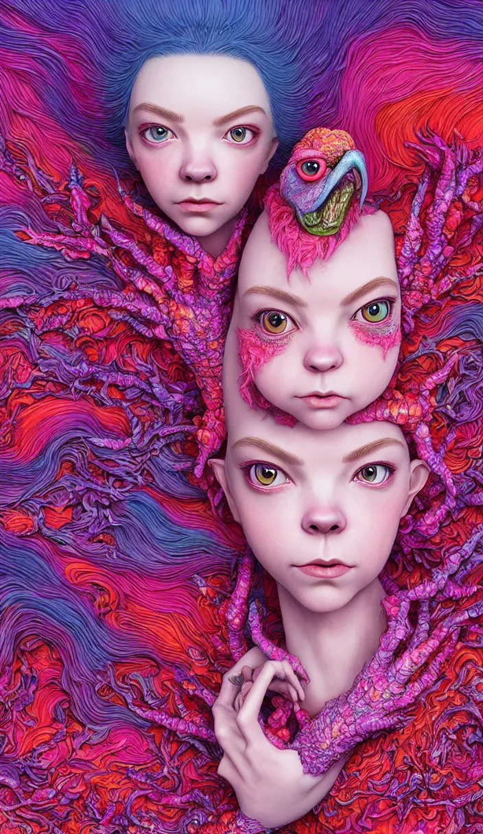 Image similar to hyper detailed 3d render like a Oil painting - kawaii portrait of two Aurora (a beautiful skeksis muppet fae princess protective playful silly from dark crystal that looks like Anya Taylor-Joy with mascara) seen red carpet photoshoot in UVIVF posing in scaly dress to Eat of the Strangling network of yellowcake aerochrome and milky Fruit and His delicate Hands hold of gossamer polyp blossoms bring iridescent fungal flowers whose spores black the foolish stars by Jacek Yerka, Ilya Kuvshinov, Mariusz Lewandowski, Houdini algorithmic generative render, Abstract brush strokes, Masterpiece, Edward Hopper and James Gilleard, Zdzislaw Beksinski, Mark Ryden, Wolfgang Lettl, hints of Yayoi Kasuma and Dr. Seuss, octane render, 8k