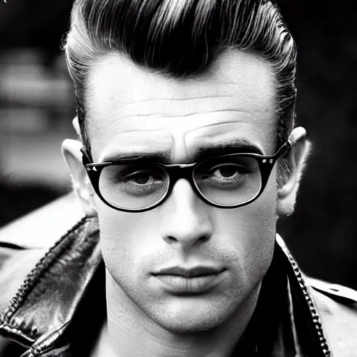 Prompt: genetic mixture of james dean and sean connery. rockabilly, rebel, beatnik, tough guy, pompadour, leather jacket.
