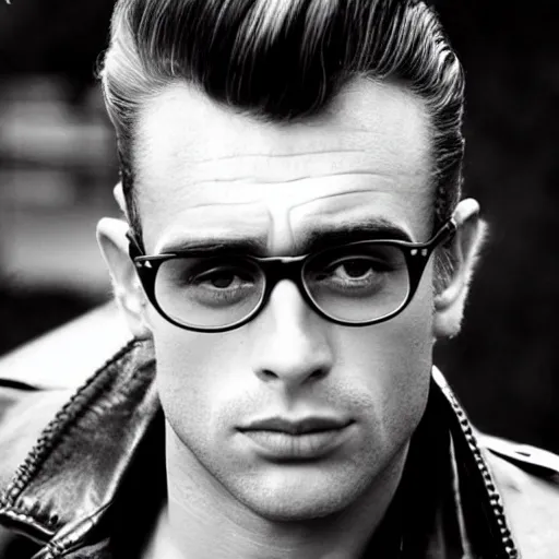 Image similar to genetic mixture of james dean and sean connery. rockabilly, rebel, beatnik, tough guy, pompadour, leather jacket.