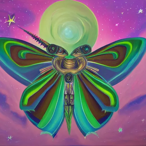 Prompt: galactic moth, acrylic painting, evocative surrealist art, trending on artstation