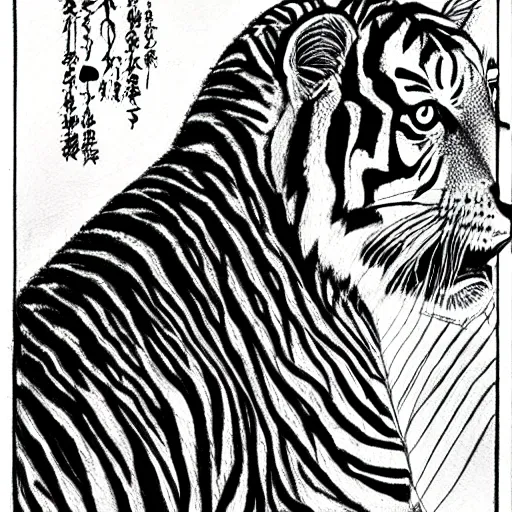 Image similar to traditional japanese tiger drawing by junji ito,