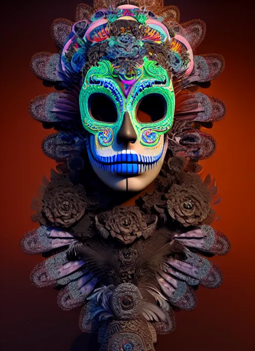 Image similar to 3 d mexican goddess profile portrait. beautiful intricate highly detailed day of the dead mask and feathers. low - key lighting, bioluminescent, plasma, lava, ice, water, wind, creature, quetzalcoatl, artwork by tooth wu and wlop and beeple and lee jeffries, 8 k trending on artstation,