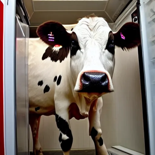 Prompt: an entire cow in the fridge