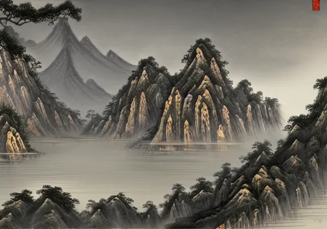 Image similar to ancient Chinese beautiful landscape mode concept art high realism