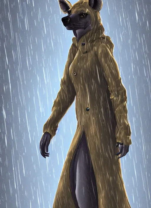 Image similar to digital artwork of anthromorphic hyena female, fursona, furry fandom, rainy cyberpunk setting, anthro, wearing large raincoat, detailed face,