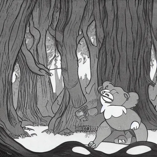 Prompt: magical forest, bear, trees, honey, 1 9 2 0 s cartoon, rubber hose, fleischer studios, portrait, merry melodies, sharp focus