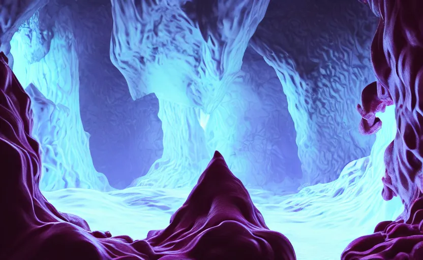 Prompt: liquid nitrogen and red water-cooling coolant flowing through latent representations of ice caverns by centrifugal forces, gaming pc RGB components sticking out the walls!!!!, high detail, high contrast!, low-poly elements!!!, trending on artstation, octane render, subsurface scattering, 4k