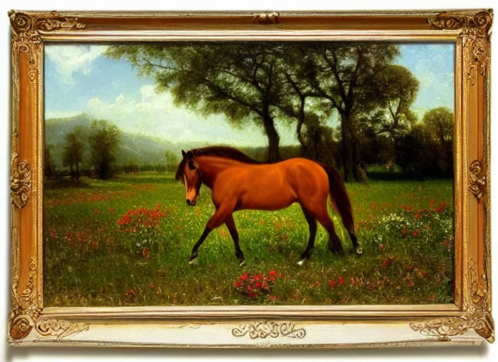 Image similar to a painting of a horse in the middle of a field of flowers by Albert Bierstadt