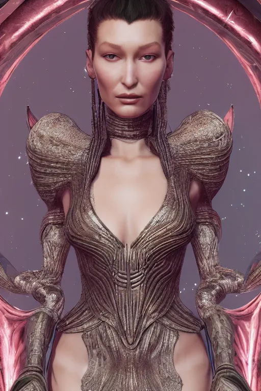 Image similar to a highly detailed medium shot 4 k render of an alien goddess bella hadid in iris van herpen dress schiaparelli armor in diamonds and lots of jewelry in style of alphonse mucha trending on artstation made in unreal engine 4
