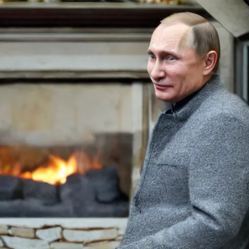 Prompt: vladimir putin looking into a log fire smirking reflections lighting