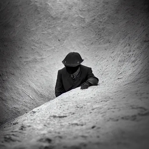 Prompt: tilt shift wwi plague doctor pondering over a dug out trench, dramatic light, zdzidaw, ultrafine, hyperrealistic, vintage, retro, 3 5 mm film still, movie