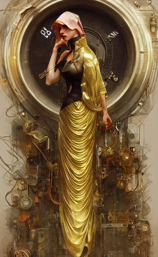 Image similar to hyper realistic time machine, cyberpunk, design on white background, beautiful details, lush foliage cyberpunk, gold, drawn by john singer sargent, tom bagshaw, norman rockwell, alphonso mucha, lolish, trending on artstation