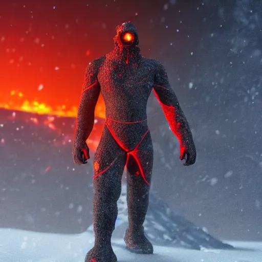 Image similar to a lava man on a winter biome outraging to the camera, cinematic, artistic, cool pose, heatwave, fantasy, hyper realism, behance, artstation, unreal engine 5, octane, deviantart