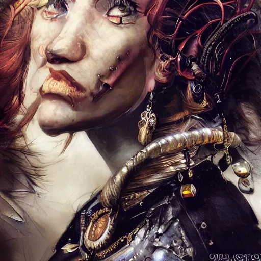 Image similar to portrait, headshot, insanely nice professional hair style, dramatic hair color, digital painting, of a old 17th century, old cyborg merchant, amber jewels, baroque, ornate clothing, scifi, realistic, hyperdetailed, chiaroscuro, concept art, art by Franz Hals and Jon Foster and Ayami Kojima and Amano and Karol Bak,