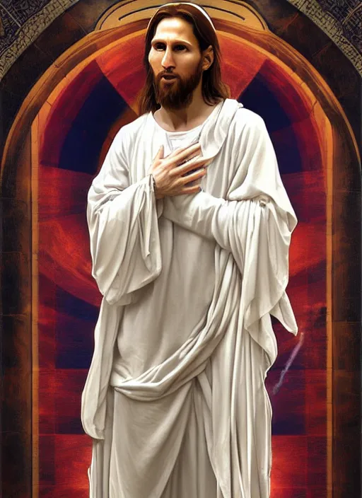 Image similar to portrait lionel messi as jesus, full length shot, shining, 8 k highly detailed, sharp focus, illustration, art by artgerm, mucha, bouguereau