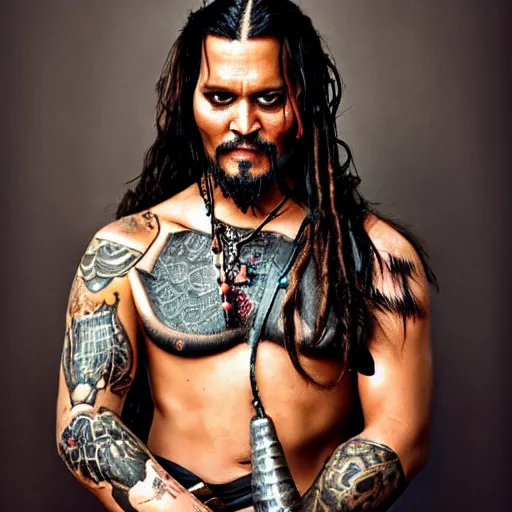 Image similar to portrait of johnny depp as khal drogo from games of thrones, mascular, broad shoulder, tattooed body, six packs, symmetrical, nikon 3 5 mm photography, ultrarealistic