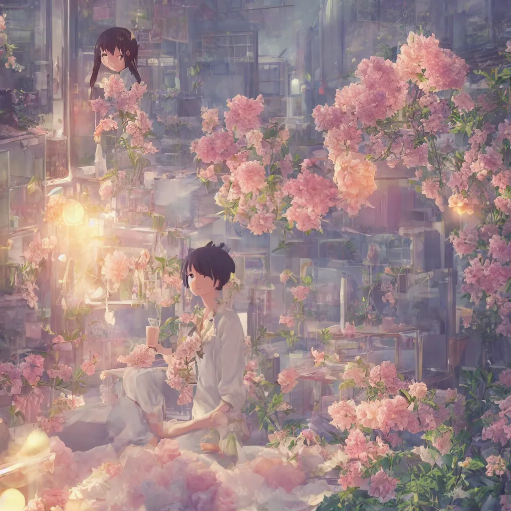 Image similar to cold drinks, ice cream, peach embellishment, books and flowers, in the style of makoto shinkai, dreamy, soft, global illumination, radiant light, intricate environment, luminescence, highly detailed, 8 k