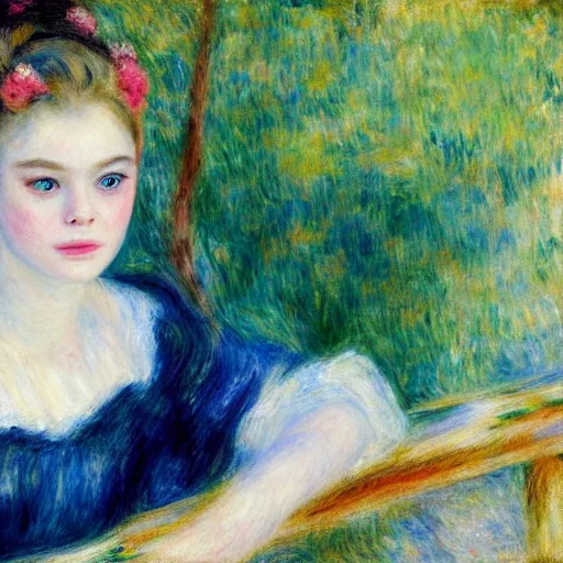 Image similar to A dream-like head and shoulders oil portrait of Elle Fanning, by Renoir. 8K. Extremely detailed.