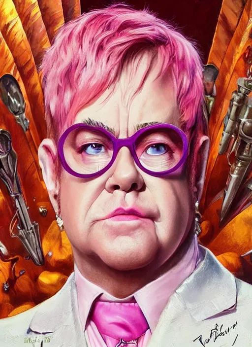 Image similar to Elton John using pink jumpsuit , headshot, painted fantasy character portrait, D&D, highly detailed, digital painting, artstation, sharp focus, art by artgerm and greg rutkowski and alphonse mucha and magali villeneuve