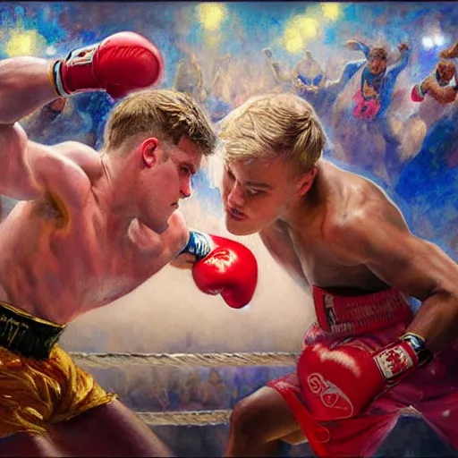 Image similar to a beautiful painting of ksi fist - fighting jake paul in a boxing ring, rendered art, highly detailed painting by gaston bussiere, craig mullins, j. c. leyendecker 8 k, trending on artstation, art, fighting, watercolor