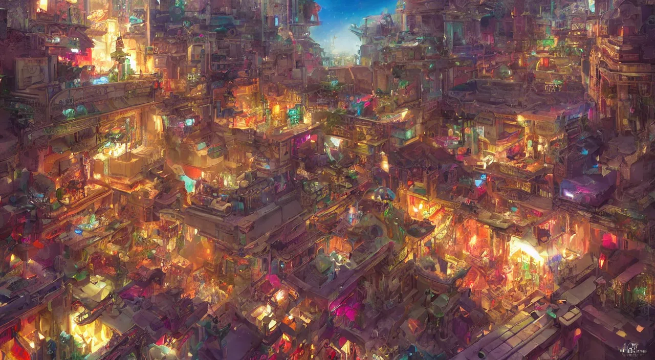 Image similar to bazaar zouk place aladin block greeble multicolorful sky shine mattepainting, street art, trending on artstation, by huang guangjian and gil elvgren and sachin teng