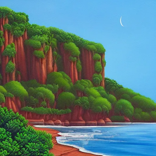 Image similar to painting of a lush natural scene on an alien planet by april gornik. beautiful landscape. weird vegetation. cliffs and water.