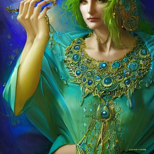 Image similar to a beautiful woman wearing a blue and green kaftan made of silk with golden ornaments and diamonds by alex gray and android jones , Karol Bak, Ayami Kojima, Amano , concept art, character design, fantasy,3D, 8k resolution