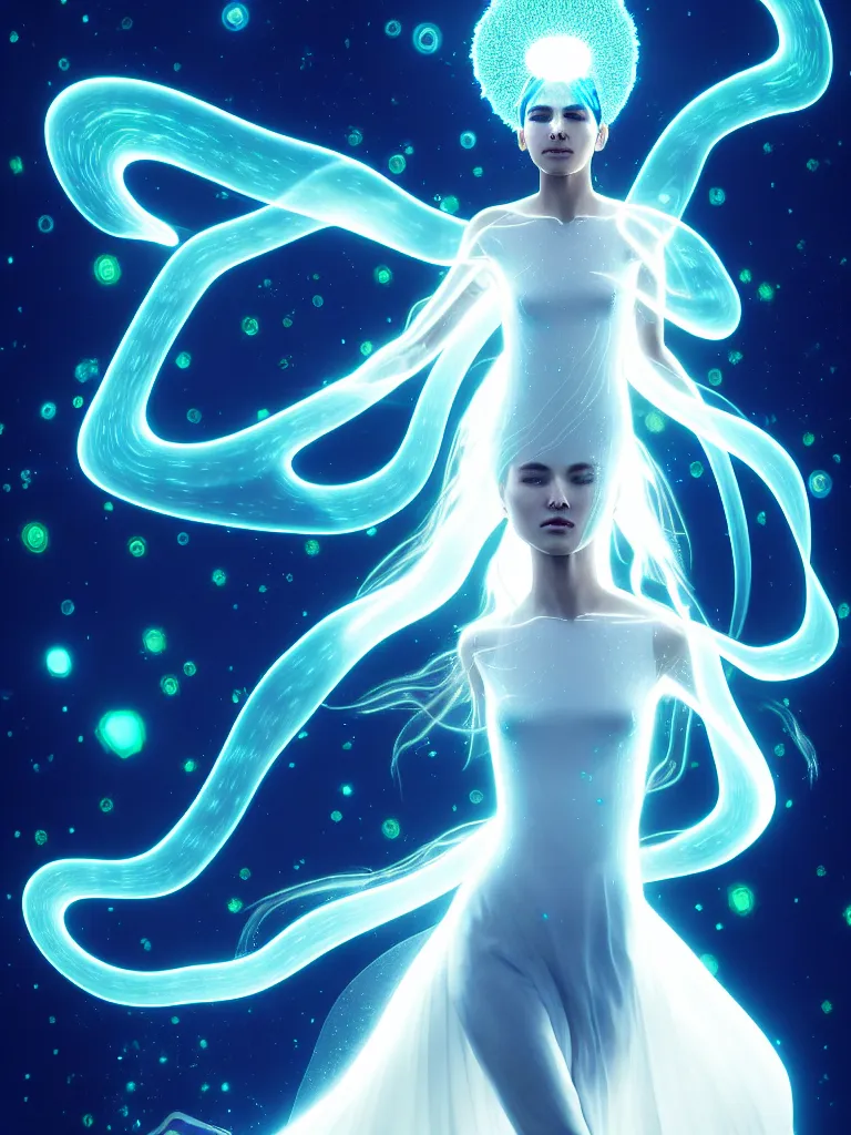 Image similar to front shot of female elemental surrounded by bioluminescent plankton, clear white dress, beautiful, radiant, glowing swirling hair, levitating, character, hyperdimensional, bioluminescent hypercubes, dark holography, spectral, chrome, intricate, elegant, highly detailed, centered, artstation, concept art, smooth, sharp focus, artgerm, Tomasz Alen Kopera, Peter Mohrbacher, donato giancola, Joseph Christian Leyendecker, WLOP, Boris Vallejo, mugshot, octane render, nvidia raytracing demo, 8K