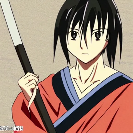 Prompt: Kenshin himura holding his katana , ready attack