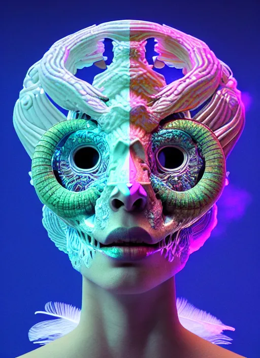 Image similar to 3 d goddess face portrait, sigma 5 0 0 mm f / 5. beautiful intricate highly detailed quetzalcoatl skull and feathers. bioluminescent, plasma, lava, ice, water, wind, creature, thunderstorm! artwork by tooth wu and wlop and beeple and greg rutkowski, 8 k trending on artstation,