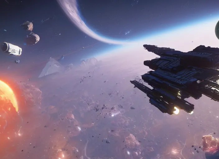 Image similar to still of star citizen's freelancer orbiting a planet, 8 k, unreal engine, nvidia 3 0 8 0 graphics