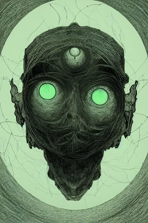 Image similar to portrait of cursed occult fractal shaped head with single centered giant orb eye, in the style of Greg Broadmore and Arthur Rackham,trending on artstation, light lighting side view,digital art,surrealism ,macro,blueprint ,vaporwave ,