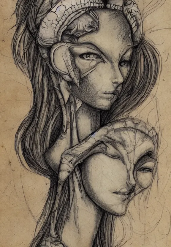 Image similar to fantasy, symmetrical beautiful human face, female humanoid creature, vascularity, plant armour, shell head piece, muscular, large cute anime eyes, stylised, torso and head, bust, diagram, sketchbook, greys anatomy book, sketches, on old distressed parchment paper, watercolour, by brian froud