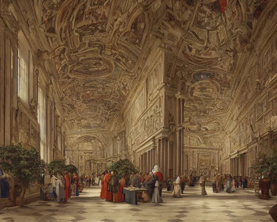 Prompt: an achingly beautiful print of the interior of the Vatican map room teeming with epic paintings, classical antiquities, and potted plants by Raphael, Hopper, and Rene Magritte. detailed, romantic, enchanting, trending on artstation.