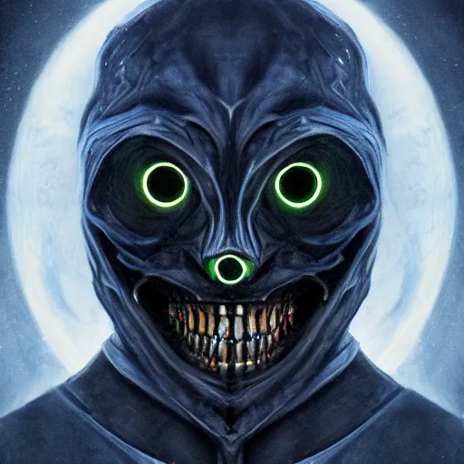 Image similar to award - winning. trending on artstation. 4 k. eerie tone. a mouthless astral figure wearing a hooded cape made of the night sky with 1 5 dark blue glowing eyes on its face and rows of teeth on its chest. full - body. portrait.