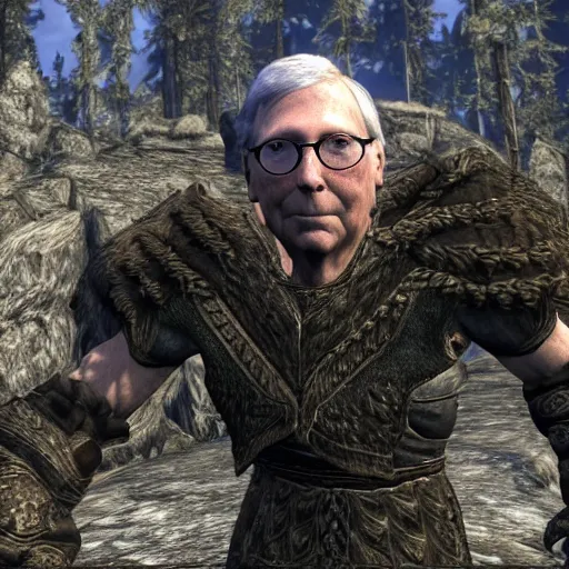 Prompt: a screenshot of mitch mcconnell in skyrim