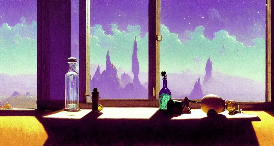 Image similar to one single purple potion in a round bottle with a glowing galactic landscape inside of it on a messy brown table, papers and books, sunlight from a window, soft lighting, atmospheric, bottle is the focus. rene magritte simon stalenhag carl spitzweg syd mead norman rockwell edward hopper james gilleard