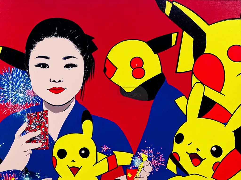 Image similar to hyperrealism composition of the detailed woman in a japanese kimono sitting at a poker table with pikachu, fireworks on the background, pop - art style, jacky tsai style, andy warhol style, acrylic on canvas