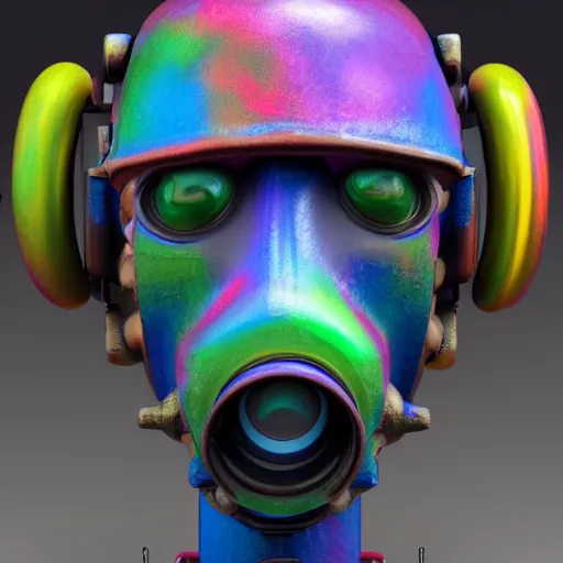 Image similar to a claymodel of a dieselpunk rococo spaced out robot head wearing multicolored tubes, 8 k, front view, symetrical, flourescent colors, halluzinogenic, multicolored, exaggerated detailed, front shot, 3 d render, octane