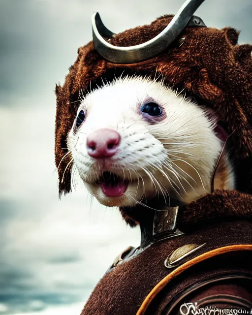 Image similar to ferret warrior, furry, fantasy, viking, high detailed, photography, cloudy, lightweight leather armour, scandinavia, plain, detailed face, look into the distance, serious face, full body, in full growth, professional photographer, masterpiece, 5 0 mm, extremely detailed, digital art, 8 k