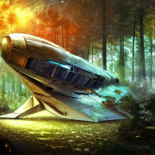 Prompt: crashed spaceship in forest cryengine render by android jones, james christensen, rob gonsalves, leonid afremov and tim white